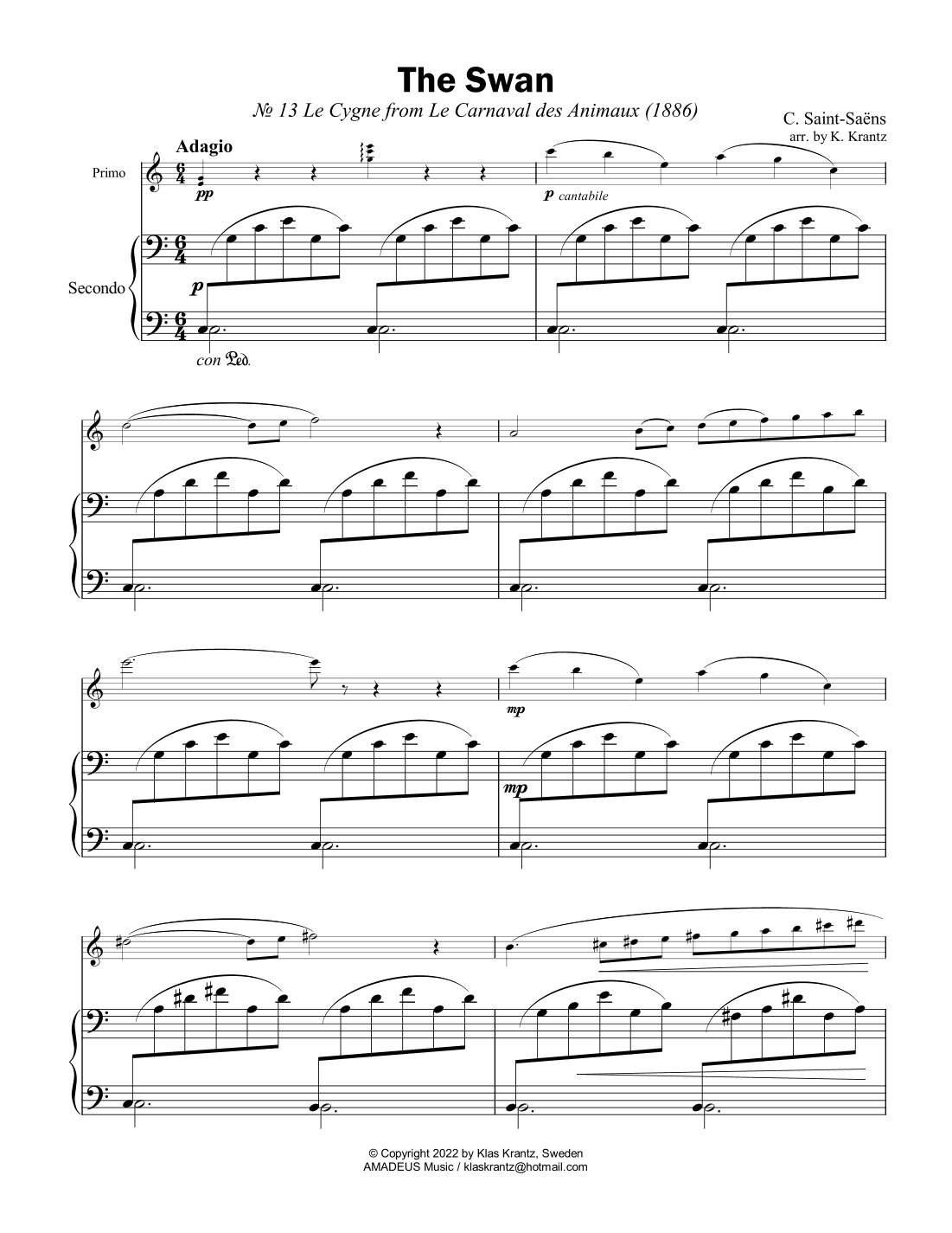The Swan / Le cygne for easy 1 piano, 4 hands (3 hands) (arr. K. Krantz)