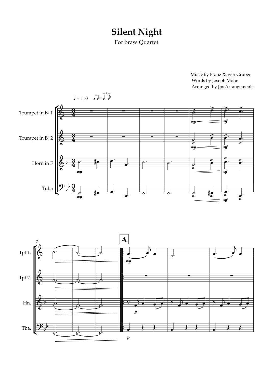 Silent Night For Brass Quartet in Bb Major (arr. Jps Arrangements)