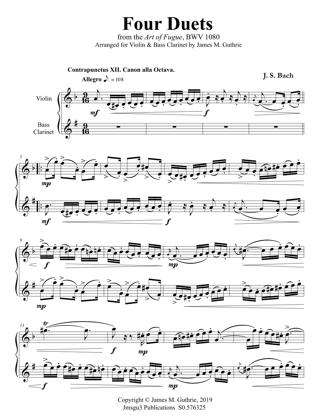 Bach: Four Duets from the Art of Fugue for Violin & Bass Clarinet (arr. James M. Guthrie)