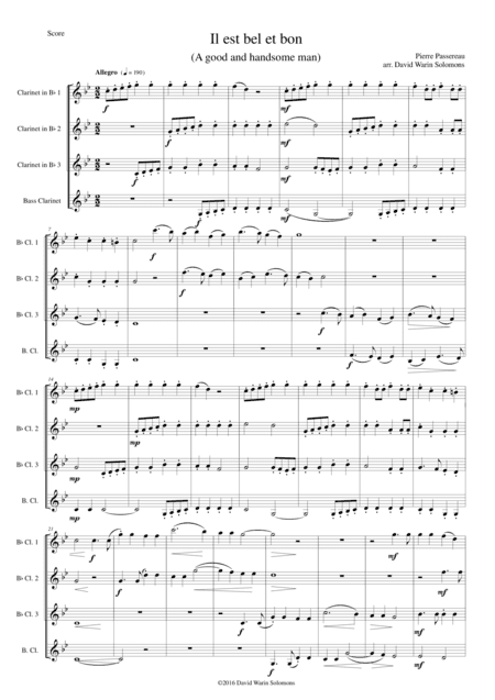 Il est bel et bon (He is good and handsome) for clarinet quartet (3 B flats and 1 Bass) (arr. David Warin Solomons)