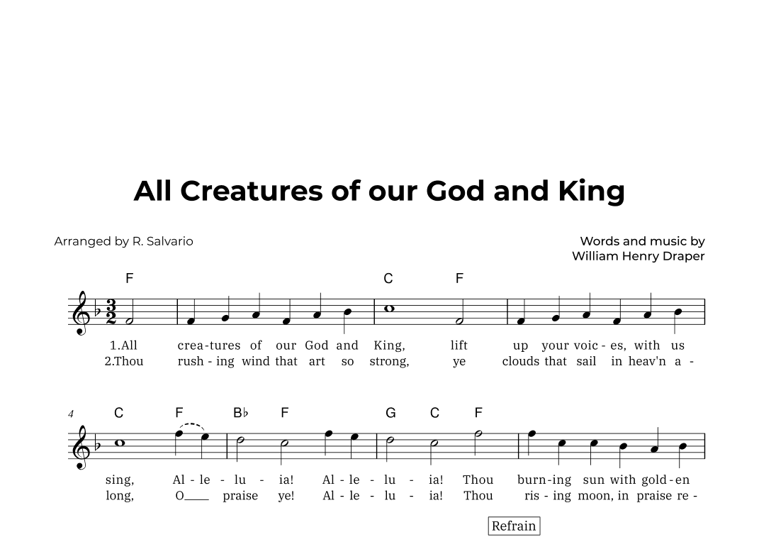 All Creatures of our God and King (Key of F Major) (arr. R. Salvario)