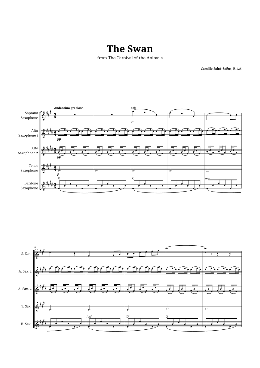 The Swan by Saint-Saëns for Sax Quintet with Chords (arr. Langanho)