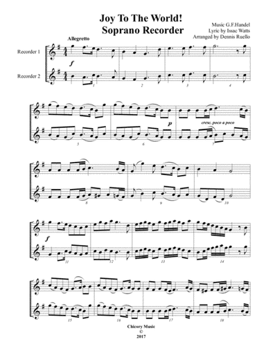 Joy To The World - Soprano Recorder Duet - Intermediate (arr. Dennis Ruello)