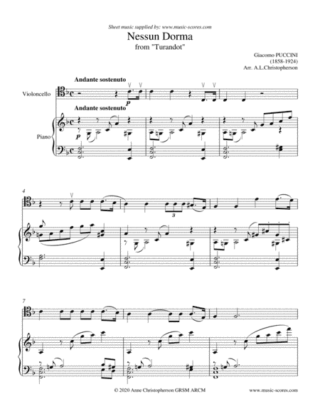 Nessun Dorma - Cello and Piano (arr. Anne L Christopherson GRSM ARCM)