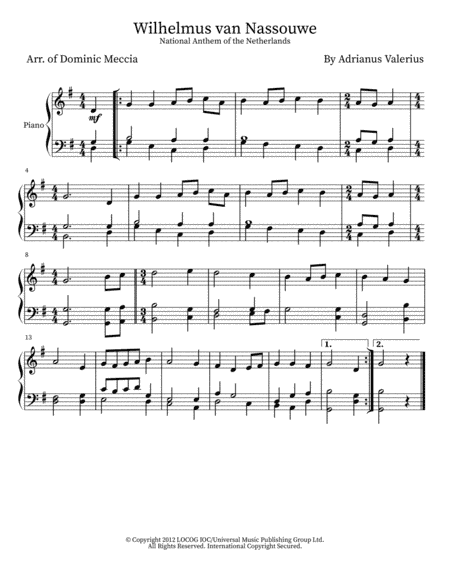 Wilhelmus (netherlands National Anthem) (arr. Dominic Meccia)