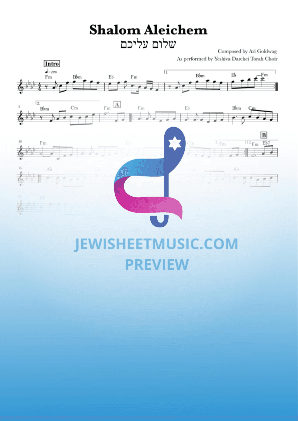 Shalom Aleichem from Yeshiva Darchei Torah Choir. Lead Sheet with chords (arr. R. Sloboder)