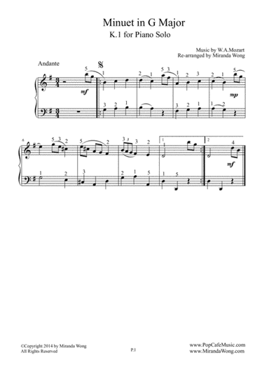 Minuet in G Major K.1 - Piano Solo (With Fingerings) (arr. Miranda Wong)
