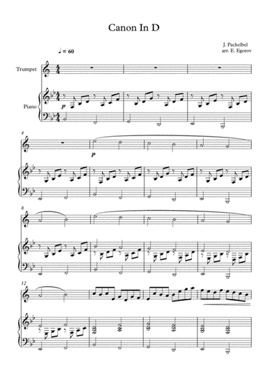 Canon In D, Johann Pachelbel, For Trumpet & Piano