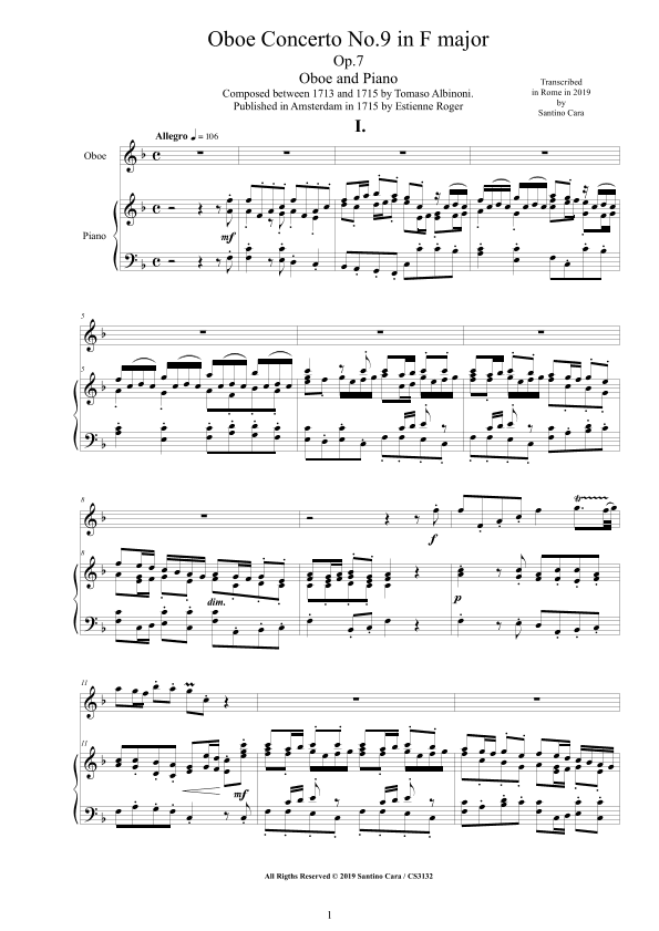 Albinoni - Oboe Concerto No.9 in F major Op.7 for Oboe and Piano (arr. Santino Cara)
