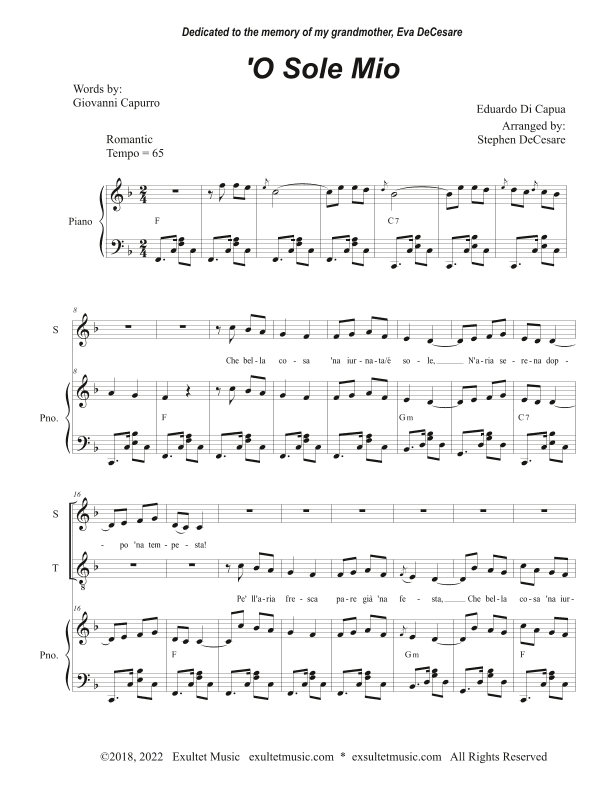 O Sole Mio (Duet for Soprano and Tenor solo) (Easy Vocal Duet Version) (arr. Stephen DeCesare)
