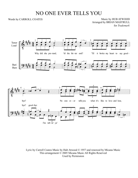 No One Ever Tells You (arr. Mastrull Charts)