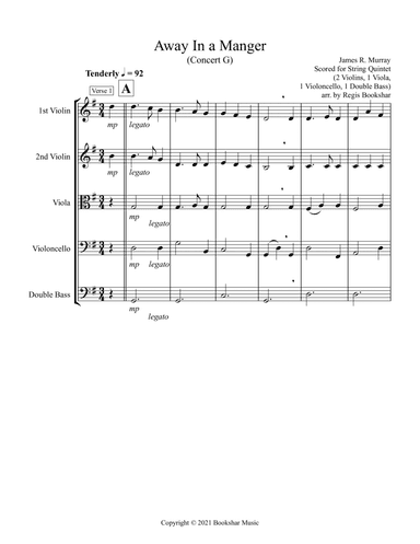 Away in a Manger (G) (String Quintet - 2 Violins, 1 Viola, 1 Cello, 1 Bass) (arr. Regis Bookshar)