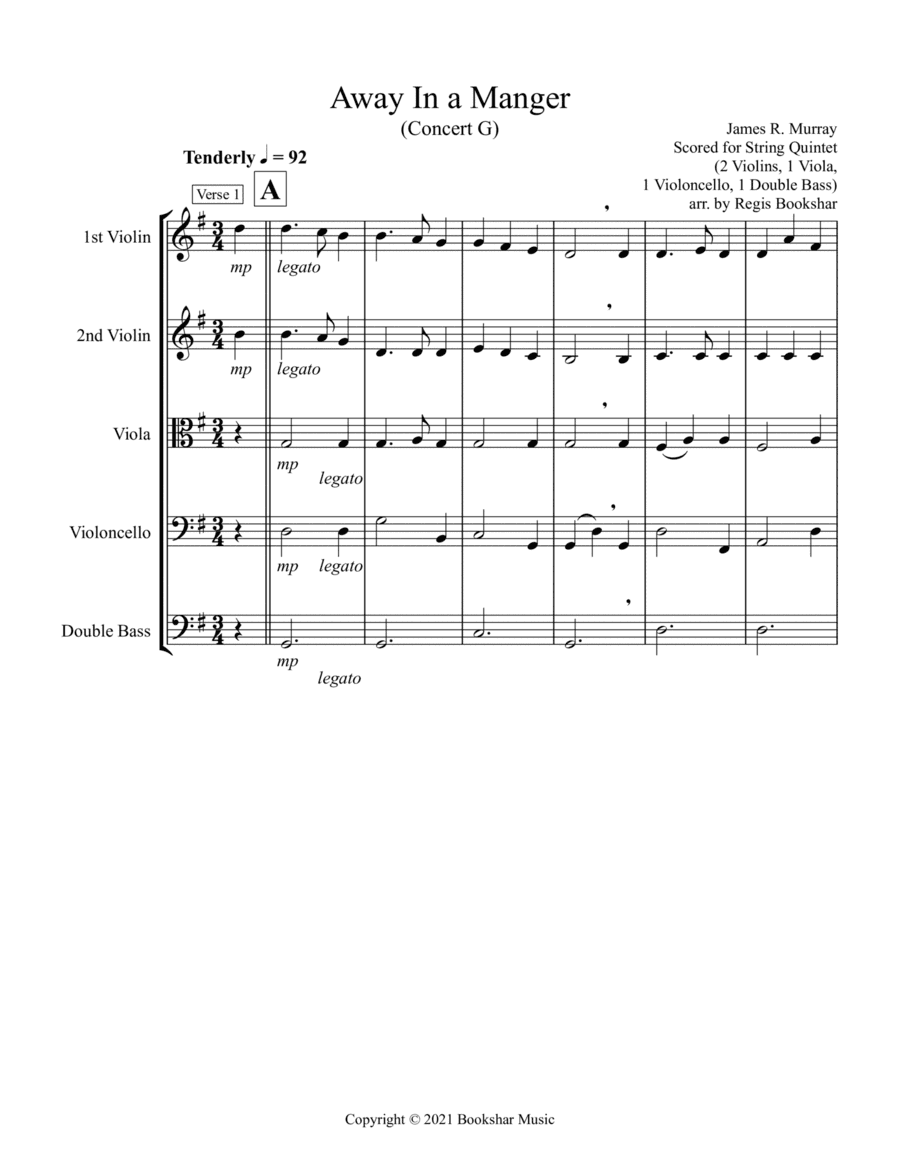Away in a Manger (G) (String Quintet - 2 Violins, 1 Viola, 1 Cello, 1 Bass) (arr. Regis Bookshar)