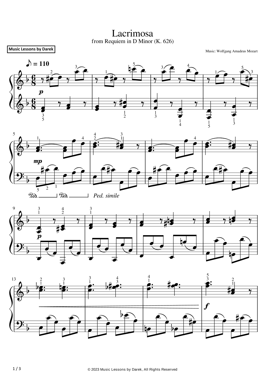 Lacrimosa (EASY PIANO) from Requiem in D Minor (K. 626) [Wolfgang Amadeus Mozart] (arr. Darek)