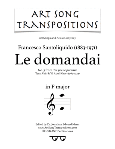 SANTOLIQUIDO: Le domandai (transposed to F major) (arr. ArtSongTranspositions.com)