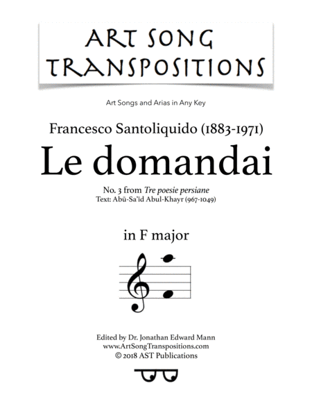 SANTOLIQUIDO: Le domandai (transposed to F major) (arr. ArtSongTranspositions.com)