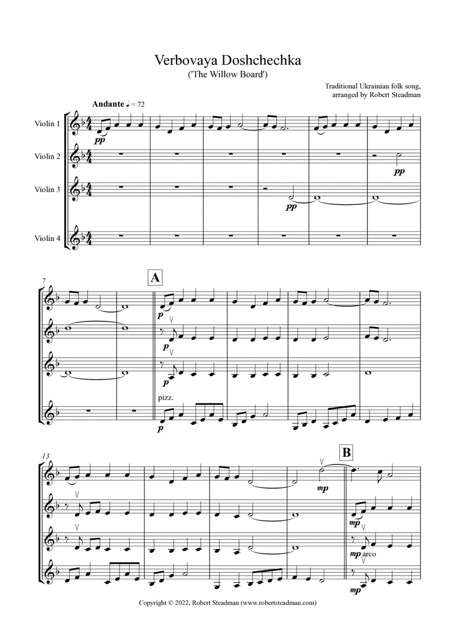 Verbovaya Doshchechka ('The Willow Board') - Ukrainian Folk Song - Violin Quartet (arr. Robert Steadman)