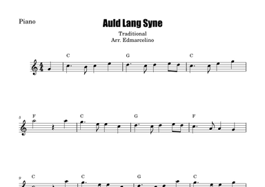 Auld Lang Syne  Piano sheet music.  Piano christmas music  to Beginners. (arr. Edmarcelino)