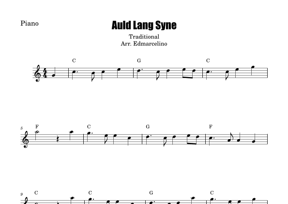 Auld Lang Syne  Piano sheet music.  Piano christmas music  to Beginners. (arr. Edmarcelino)