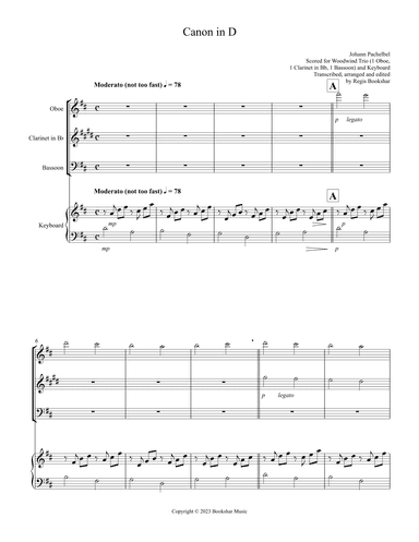 Canon in D (Pachelbel) (D) (Woodwind Trio - 1 Oboe, 1 Clar, 1 Bassoon), Keyboard) (arr. Regis Bookshar)
