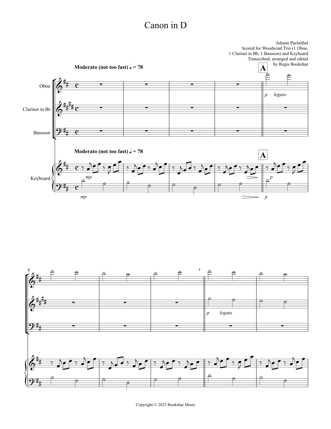 Canon in D (Pachelbel) (D) (Woodwind Trio - 1 Oboe, 1 Clar, 1 Bassoon), Keyboard) (arr. Regis Bookshar)