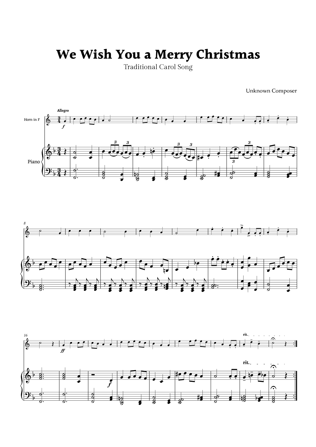 We Wish you a Merry Christmas for Horn in F and Piano (arr. Rika K.)