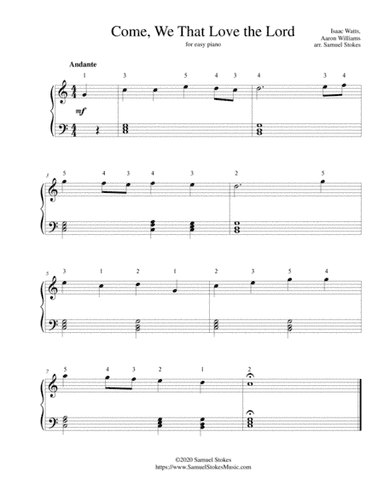Come, We That Love the Lord (Aaron Williams setting) - for easy piano (arr. Samuel Stokes)