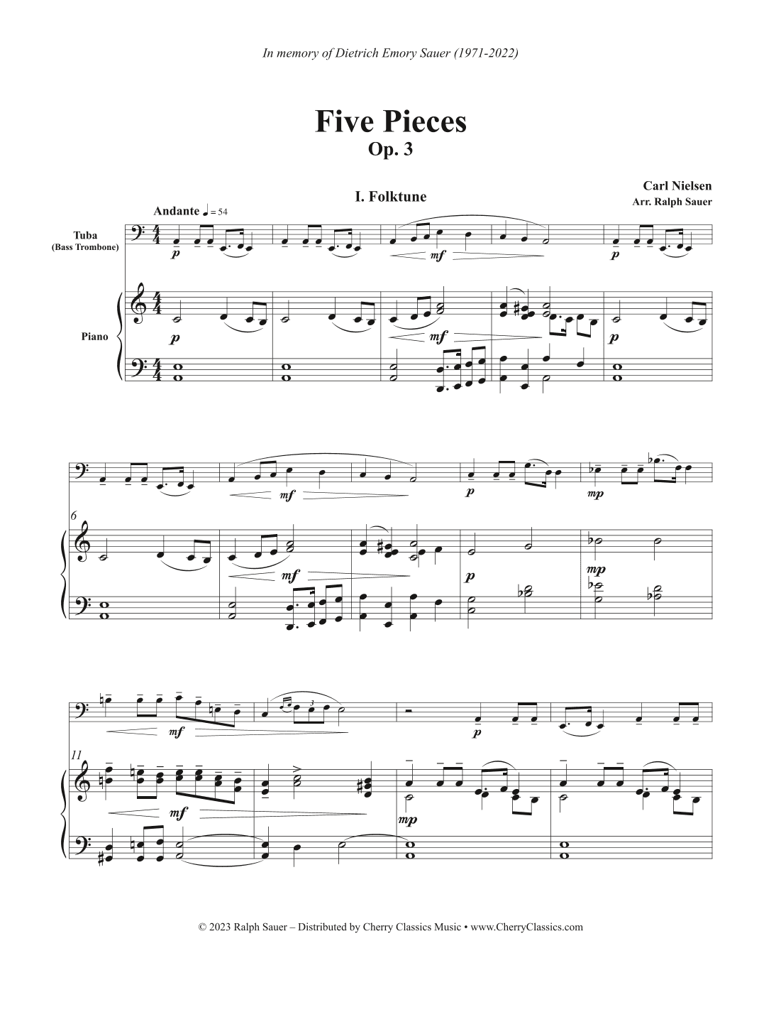 Five Pieces, Op. 3 for Tuba or Bass Trombone and Piano (arr. Ralph Sauer)