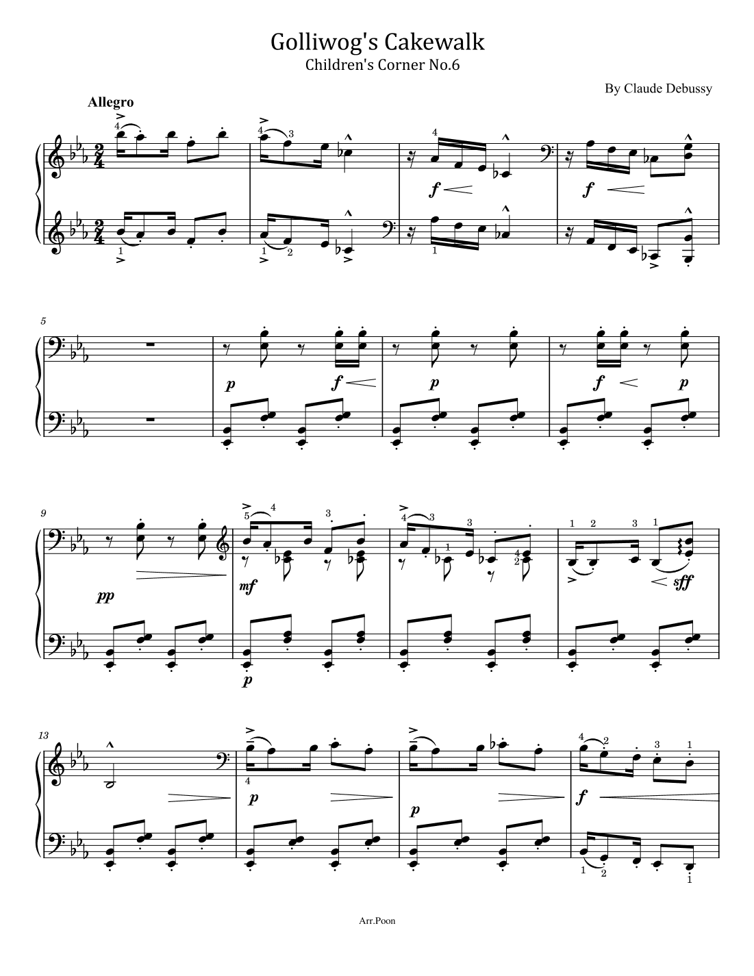 Debussy - Golliwog's Cakewalk - Children's Corner No.6 - Original For Piano Solo With Fingered (arr. poon)