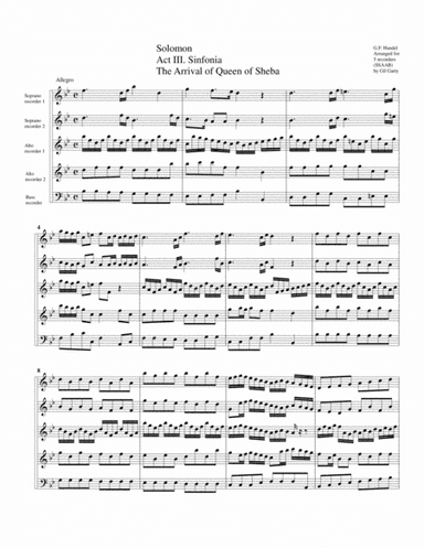 The arrival of Queen of Sheba from Solomon (arrangement for 5 recorders) (arr. Gil Garty)