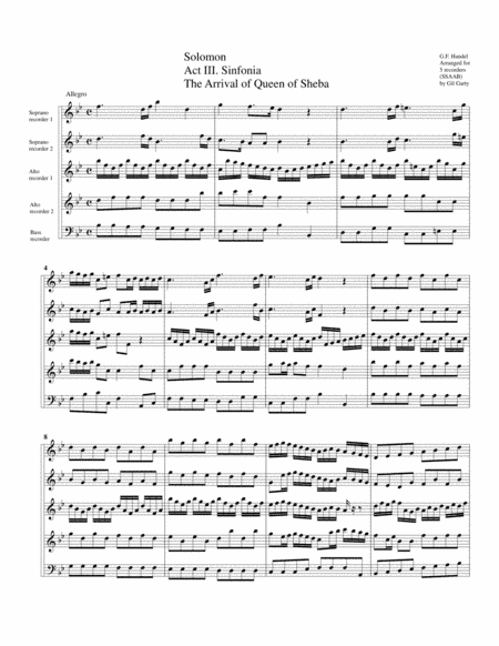The arrival of Queen of Sheba from Solomon (arrangement for 5 recorders) (arr. Gil Garty)