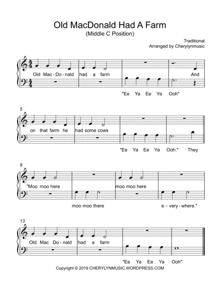 Old MacDonald Had A Farm (Middle C Position) (arr. Cherylynmusic)