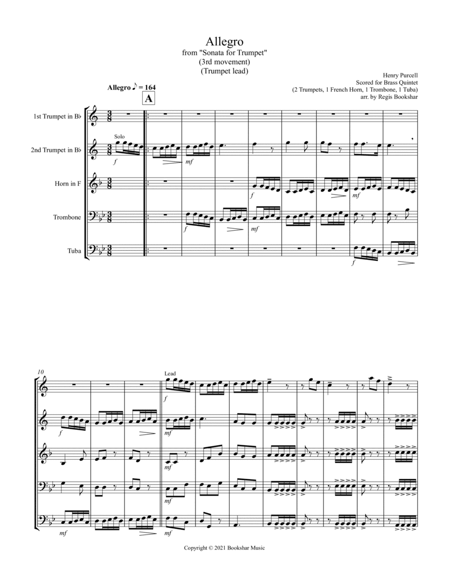 Allegro (from "Sonata for Trumpet") (Bb) (Brass Quintet - 2 Trp, 1 Hrn, 1 Trb, 1 Tuba) (Trumpet lead (arr. Regis Bookshar)