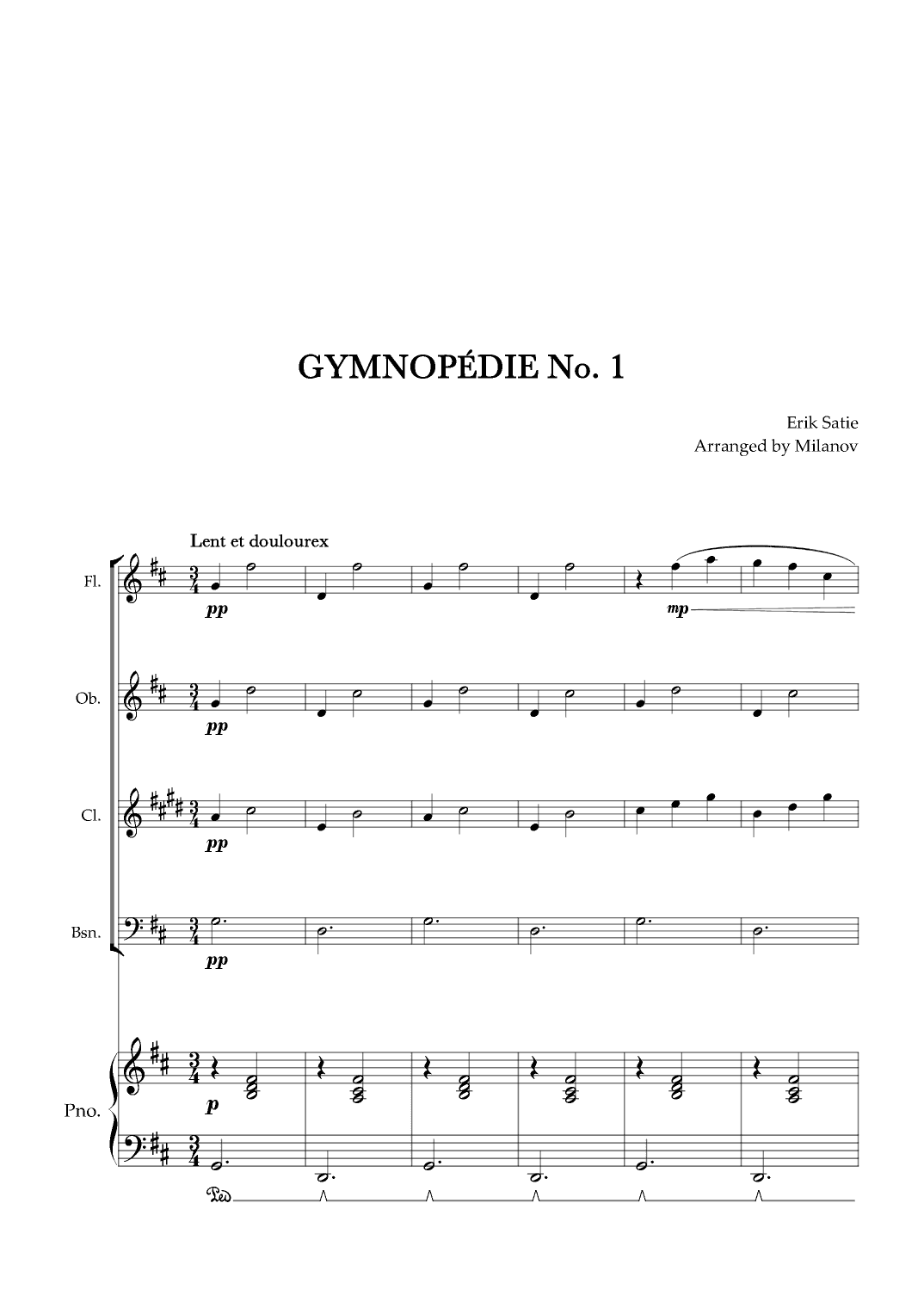 Gymnopédie no 1 | Woodwind Quartet | Original Key| Piano accompaniment |Easy intermediate (arr. Milanov)