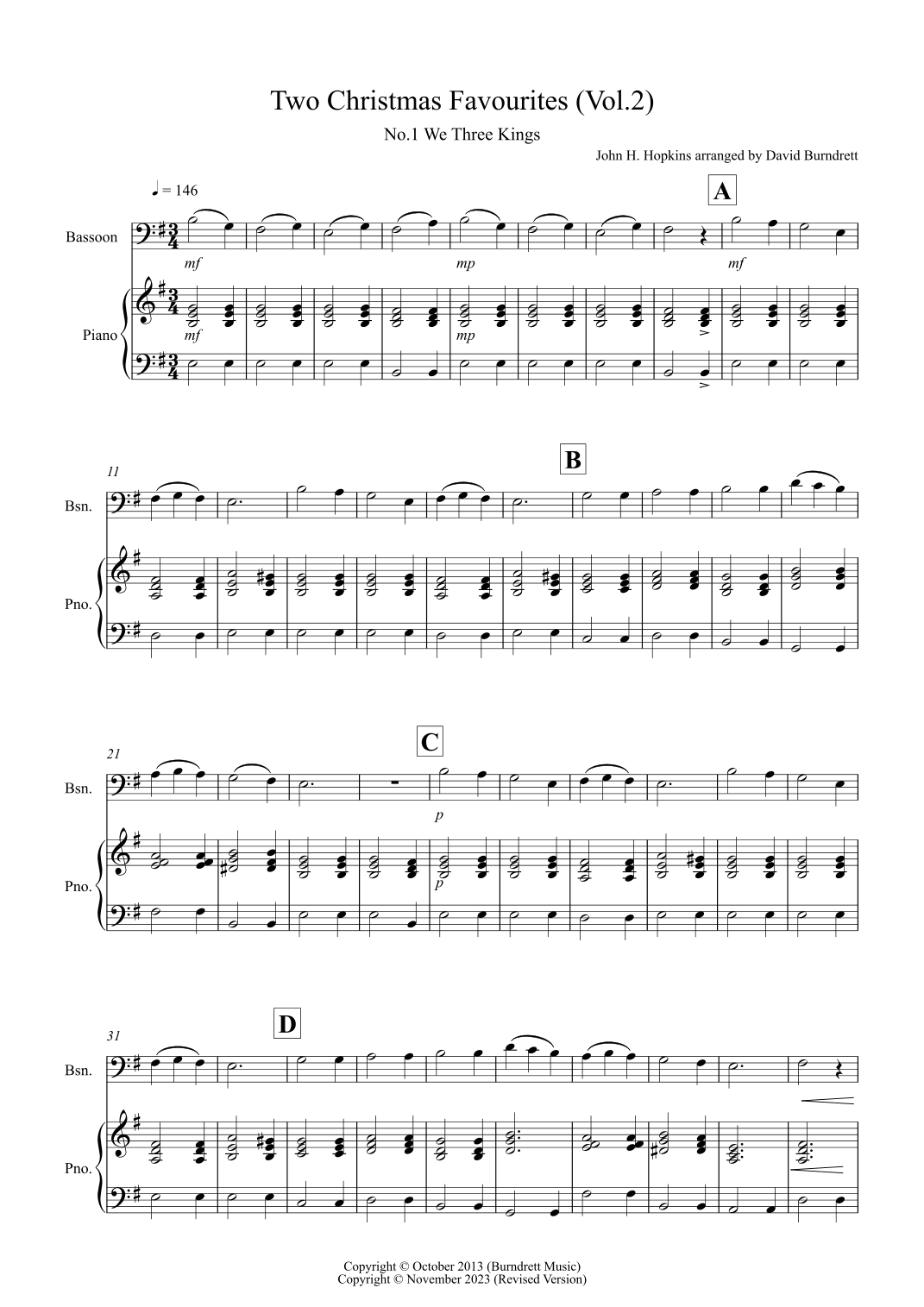 2 Christmas Favourites for Bassoon and Piano (volume two) (arr. David Burndrett)