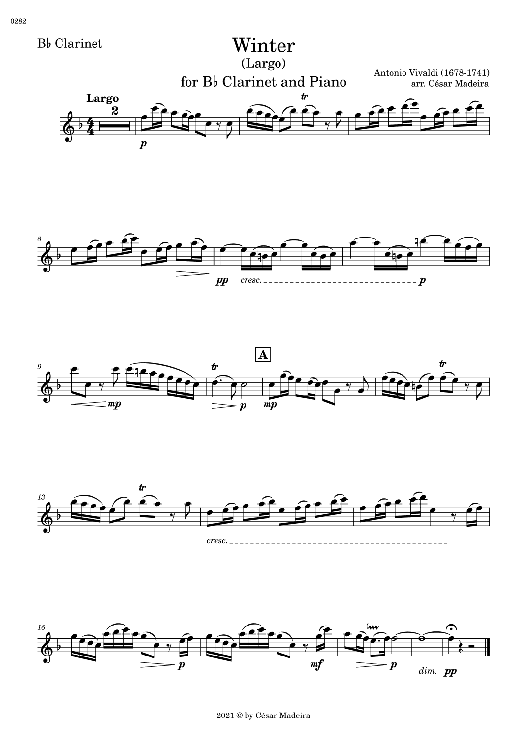 Winter by Vivaldi - Bb Clarinet and Piano - II. Largo (Individual Parts) (arr. César Madeira)