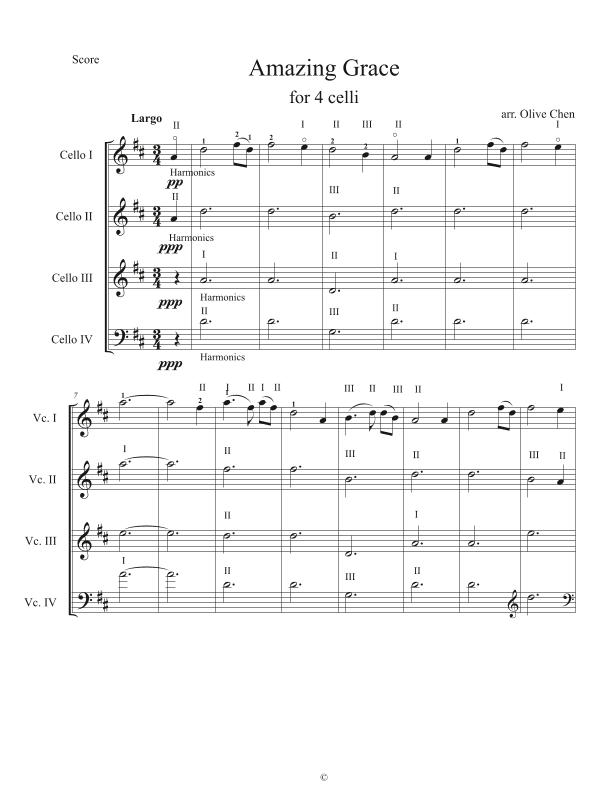 Amazing Grace for cello quartet (arr. Olive Chen)
