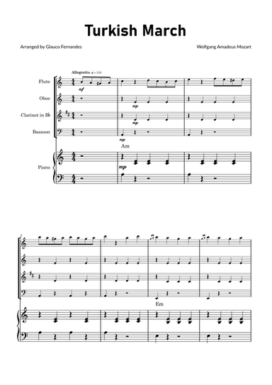 Turkish March by Mozart - Woodwind Quartet with Piano and Chord Notations (arr. Glauco Fernandes)