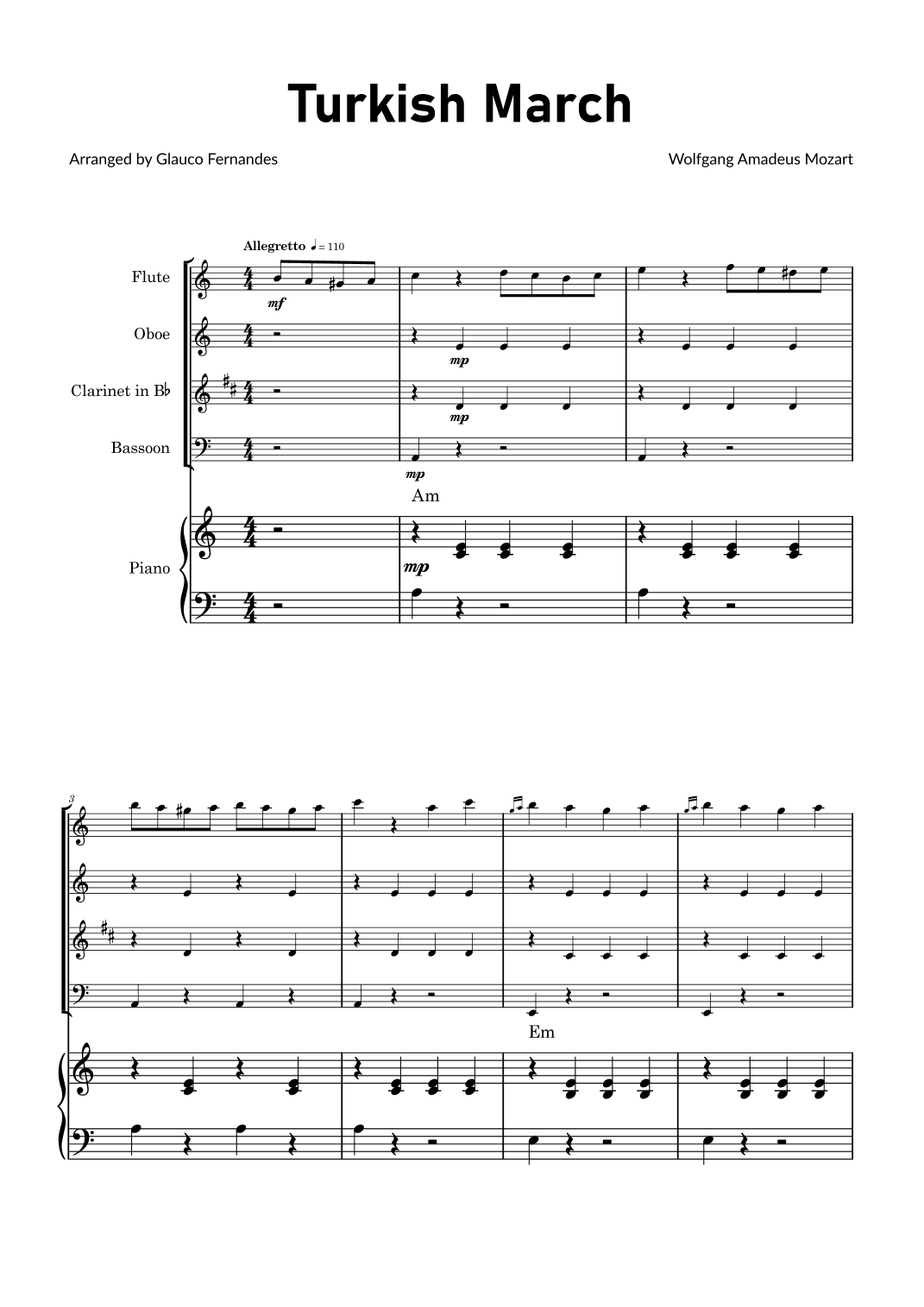 Turkish March by Mozart - Woodwind Quartet with Piano and Chord Notations (arr. Glauco Fernandes)