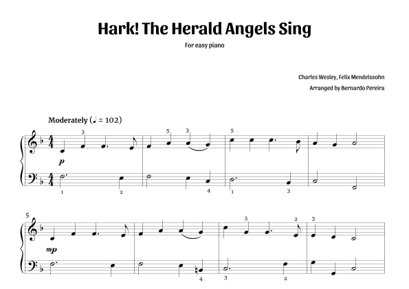 Hark! The Herald Angels Sing (easy piano – F major) (arr. Bernardo Pereira)