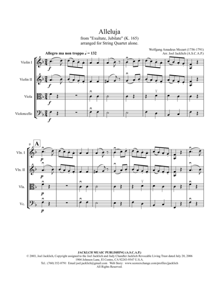 Alleluja from Exultate Jubilate, K. 165 (for String Quartet) (arr. Joel Jacklich (ASCAP))