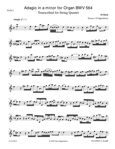 Bach: Adagio in a minor BWV 564 arr. for String Quartet (arr. D Oppenheim)