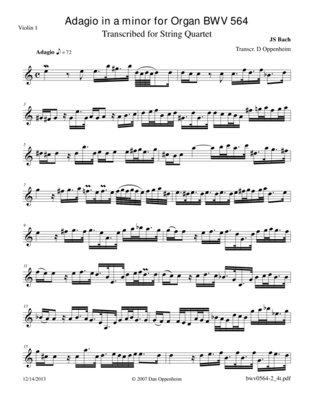Bach: Adagio in a minor BWV 564 arr. for String Quartet (arr. D Oppenheim)