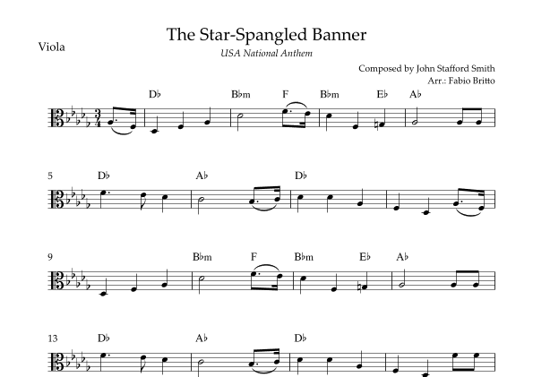The Star Spangled Banner (USA National Anthem) for Viola Solo with Chords (Db Major) (arr. Fabio Britto)
