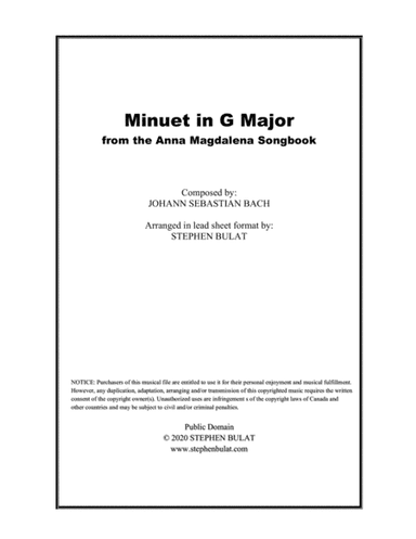 Minuet in G Major (Bach) - Lead sheet (key of C) (arr. Stephen Bulat)