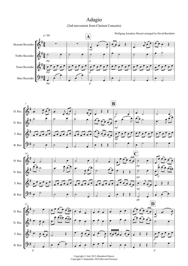 Adagio from Mozart's Clarinet Concerto for Recorder Quartet (arr. David Burndrett)