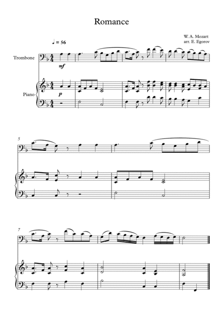 Romance, Wolfgang Amadeus Mozart, For Trombone & Piano