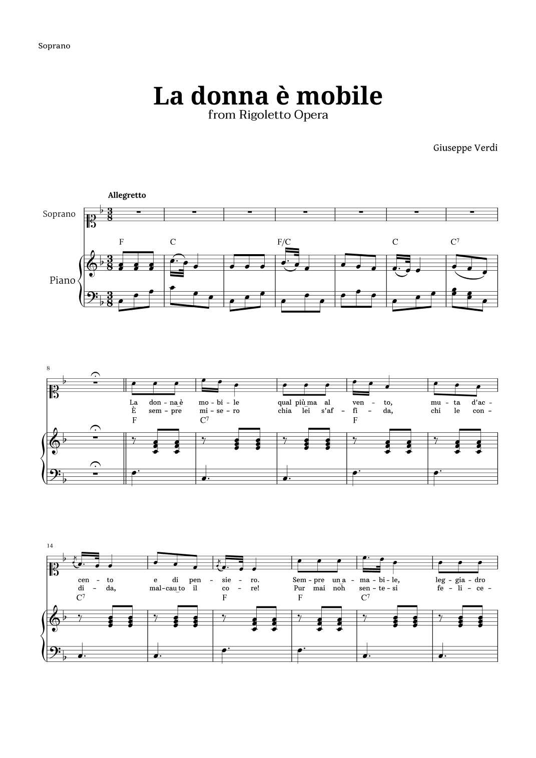 La donna è mobile in F major for Soprano and Piano (arr. Langanho)