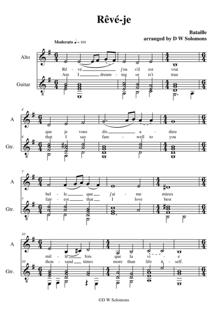 Rêvé-je (Am I dreaming) for alto voice and guitar (arr. David Warin Solomons)