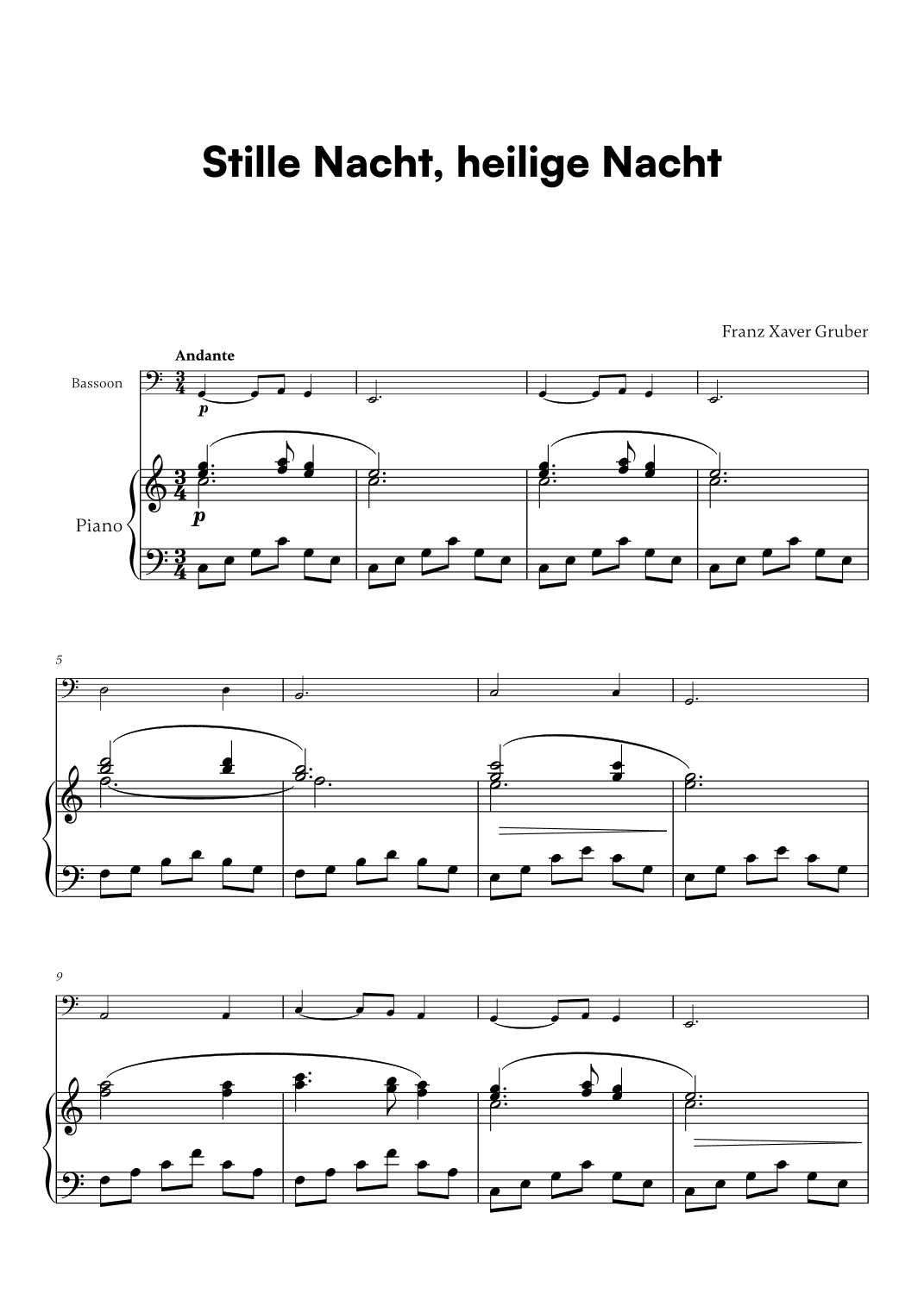 Franz Xaver Gruber - Stille Nacht, heilige Nacht (for Bassoon and Piano) (arr. Cadenza Editions)